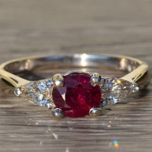 Vintage Style Natural Ruby and Lab Diamond Trilogy Ring in 14kt Gold