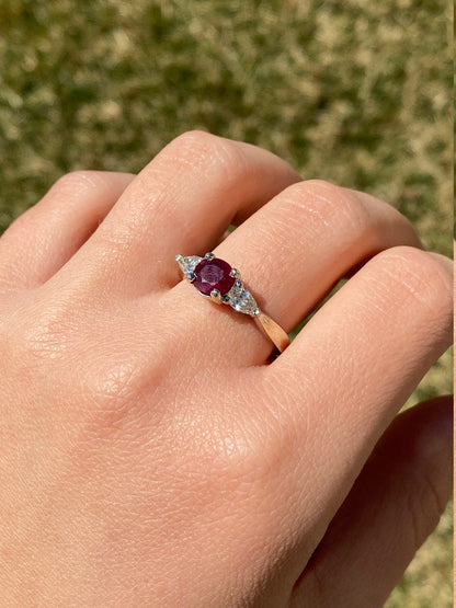 Vintage Style Natural Ruby and Lab Diamond Trilogy Ring in 14kt Gold